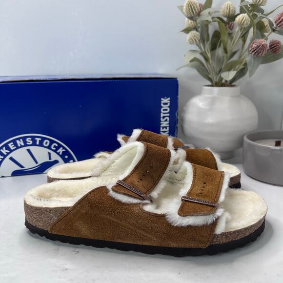 Birkenstock Arizona Suede Shearling Lined Slide Mink Women 7/Men 5/EU38 Narrow - Picture 5 of 10